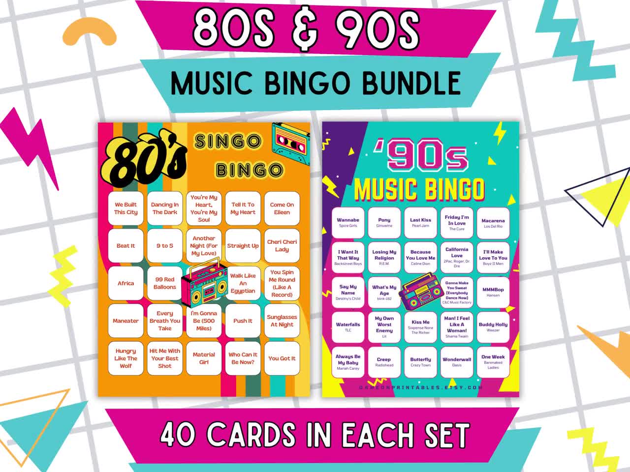 Music Bingo - 2 Pack | 80s, 90s Music Bingo | 2 Decades of Music | Music Bingo With Playlist | 80 Bingo Cards | Printable Game video poster