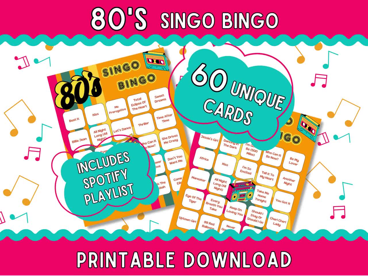 Bingo musical de los 80, 60 tarjetas, juego de fiesta (descarga digital) video poster
