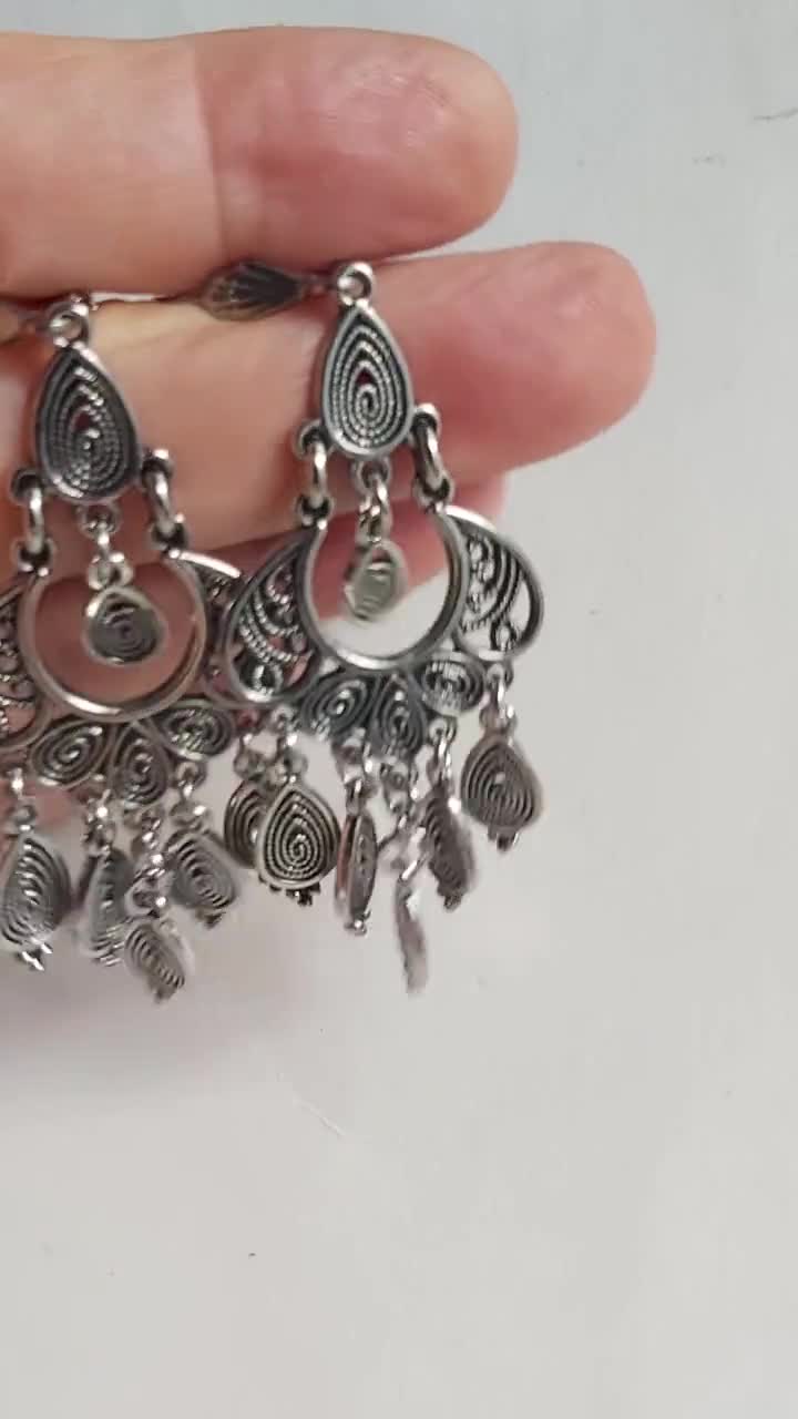Orecchini Lunghi Vintage In Filigrana Con Frange A Catena - Argento, A Lampadario, Tribali Per Donne E Ragazze