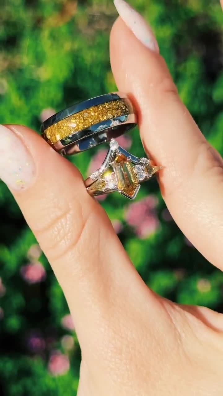 His and Hers Citrine Ring Set Silver, Kite Coffin Wedding Ring