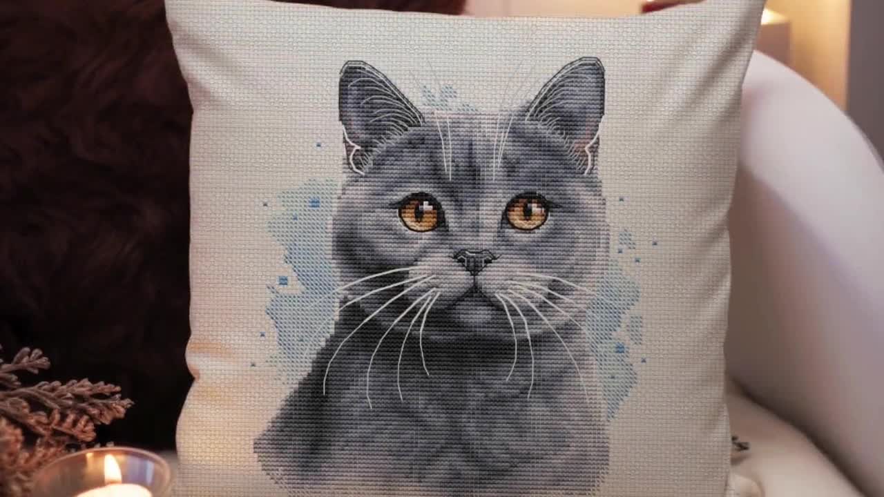 ブリティッシュブルーショートヘアの猫のクロスステッチ図案 | 水彩