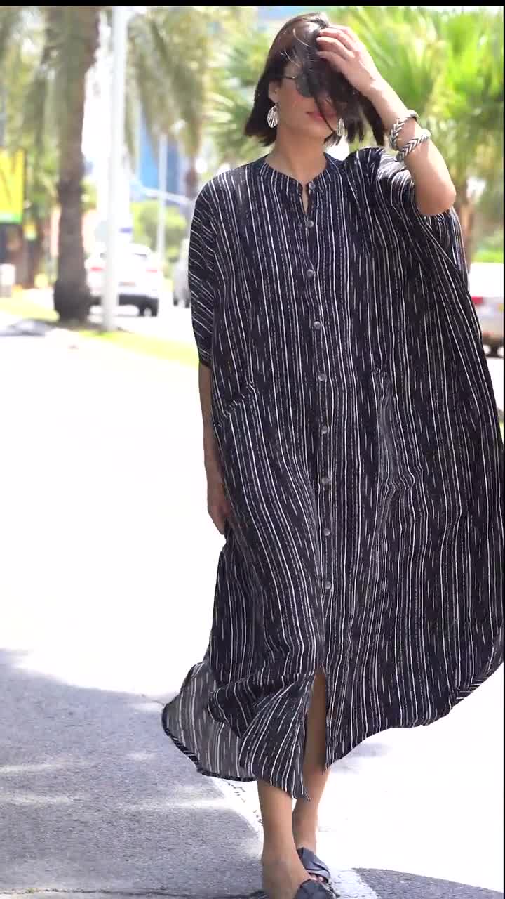 Black & White Striped Oversize Kaftan Dress, Boho Chic Buttoned Down Caftan  Maxi Dress