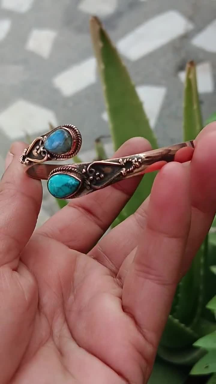 Blue Turquoise& Labradorite Bangle, 925 Sterling Silver, Pure
