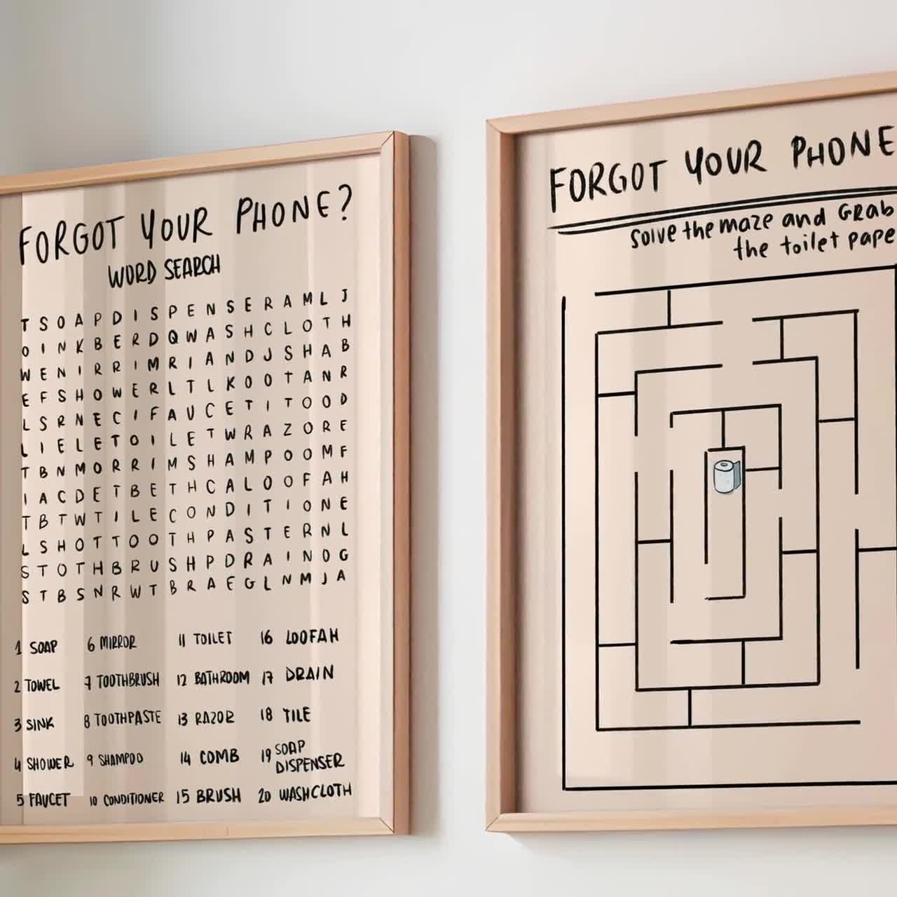 Bathroom Word Search and Maze Wall Art Set - Fun Interactive Puzzle Decor for Bathroom, Printable or Framed, Unique Gift Idea - Etsy for Free Printable Bathroom Word Search