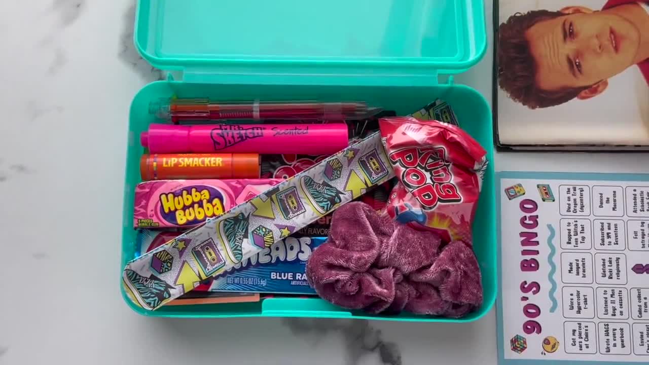 90s Nostalgia Gift Box: Pencil Case With Trinkets, Candy and