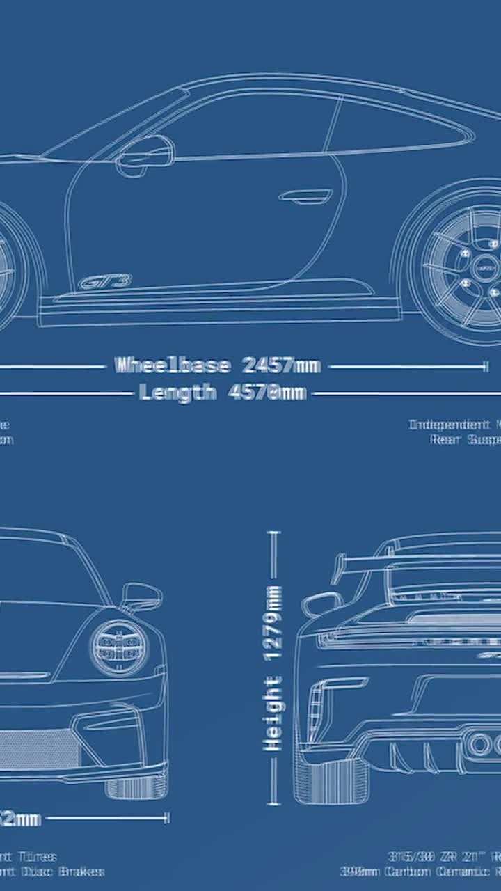 Porsche 911 GT3 992.2 Blueprint Poster, Porsche 911 Blueprint