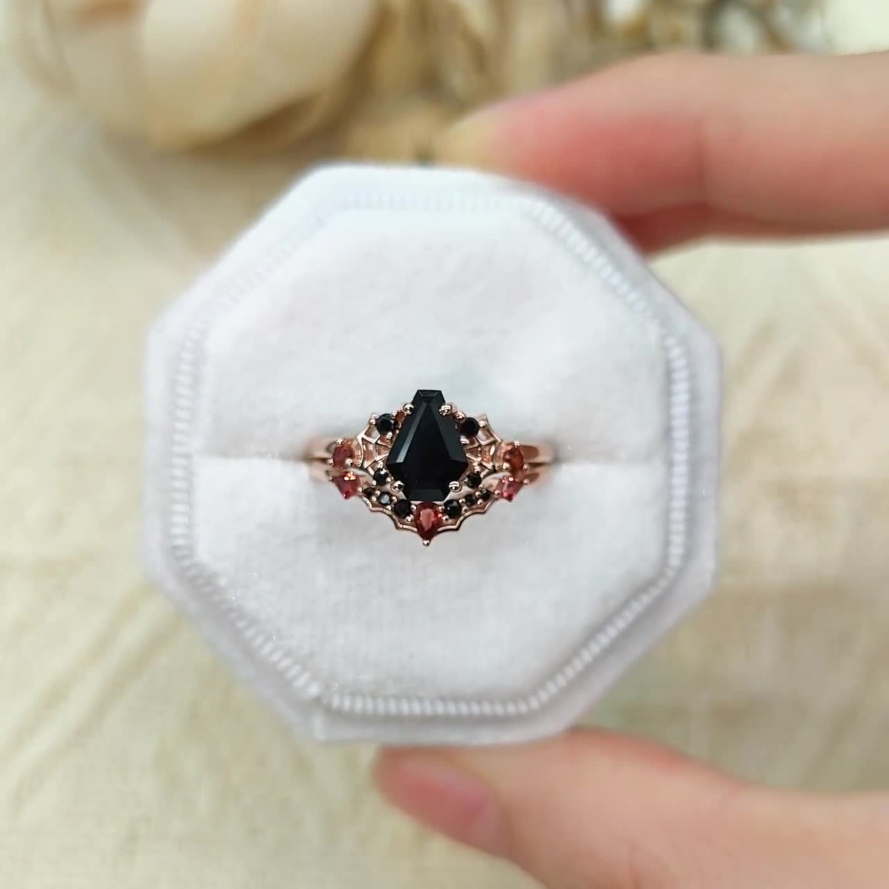 Spider Web Coffin Black Onyx Gothic Engagement Ring Set Black Gold