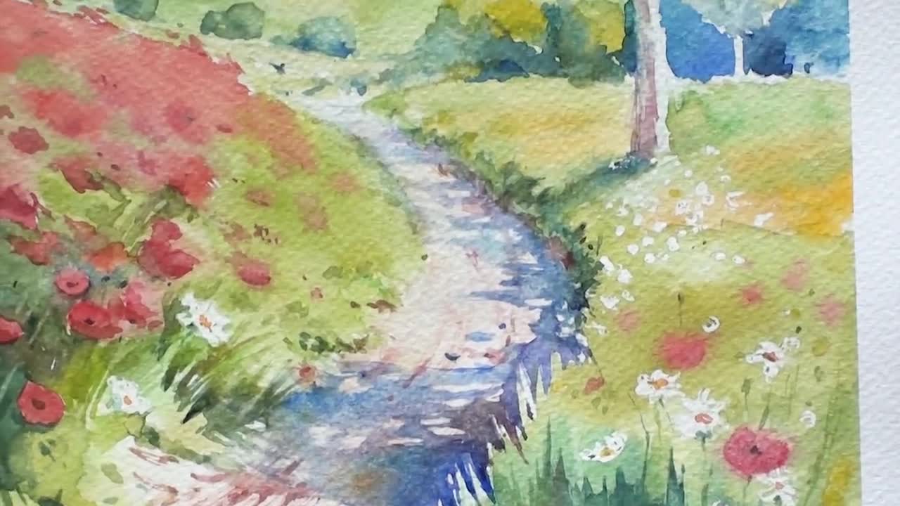 田園風景、夏の抱擁、自然のハーモニー。オリジナル水彩画 - Etsy 日本