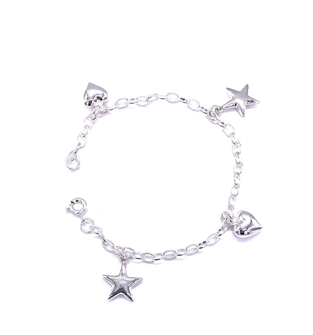 925 STERLING SILVER Heart and Star Charm Bracelet 7.5