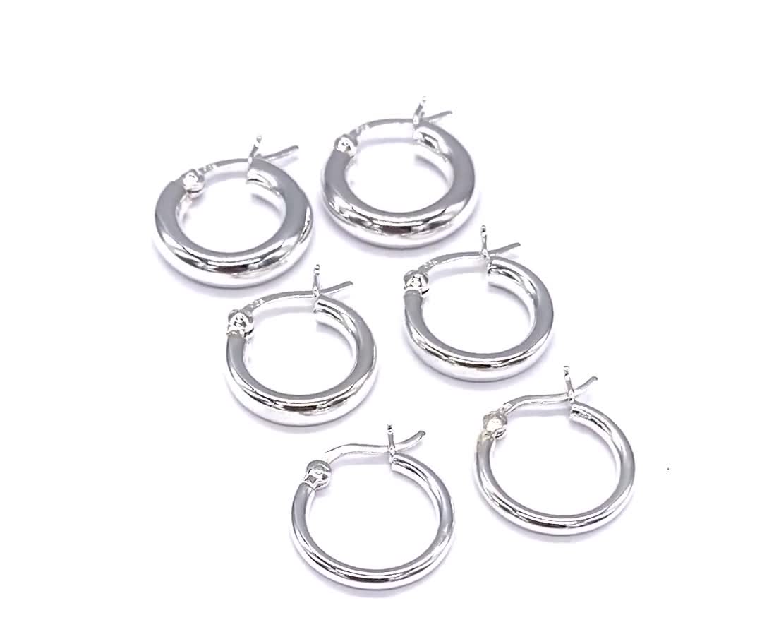 925 Sterling Silver Hinged Chunky HOOP Earrings Snap Closure 2, 3 or 4 mm  Thick