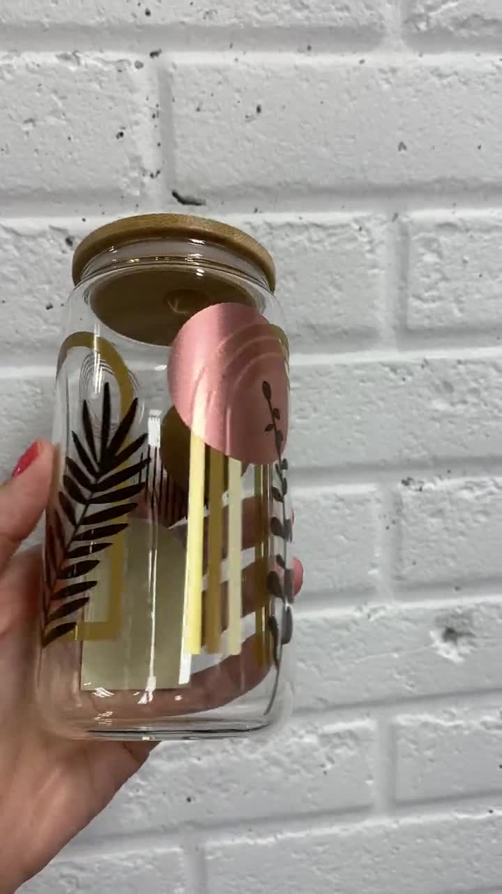 16 Oz Soda Can Shaped Clear Drinking Glass With Abstract Design Applied  With Vinyl Bamboo Lid, Plastic Straw Hand Wash Only 