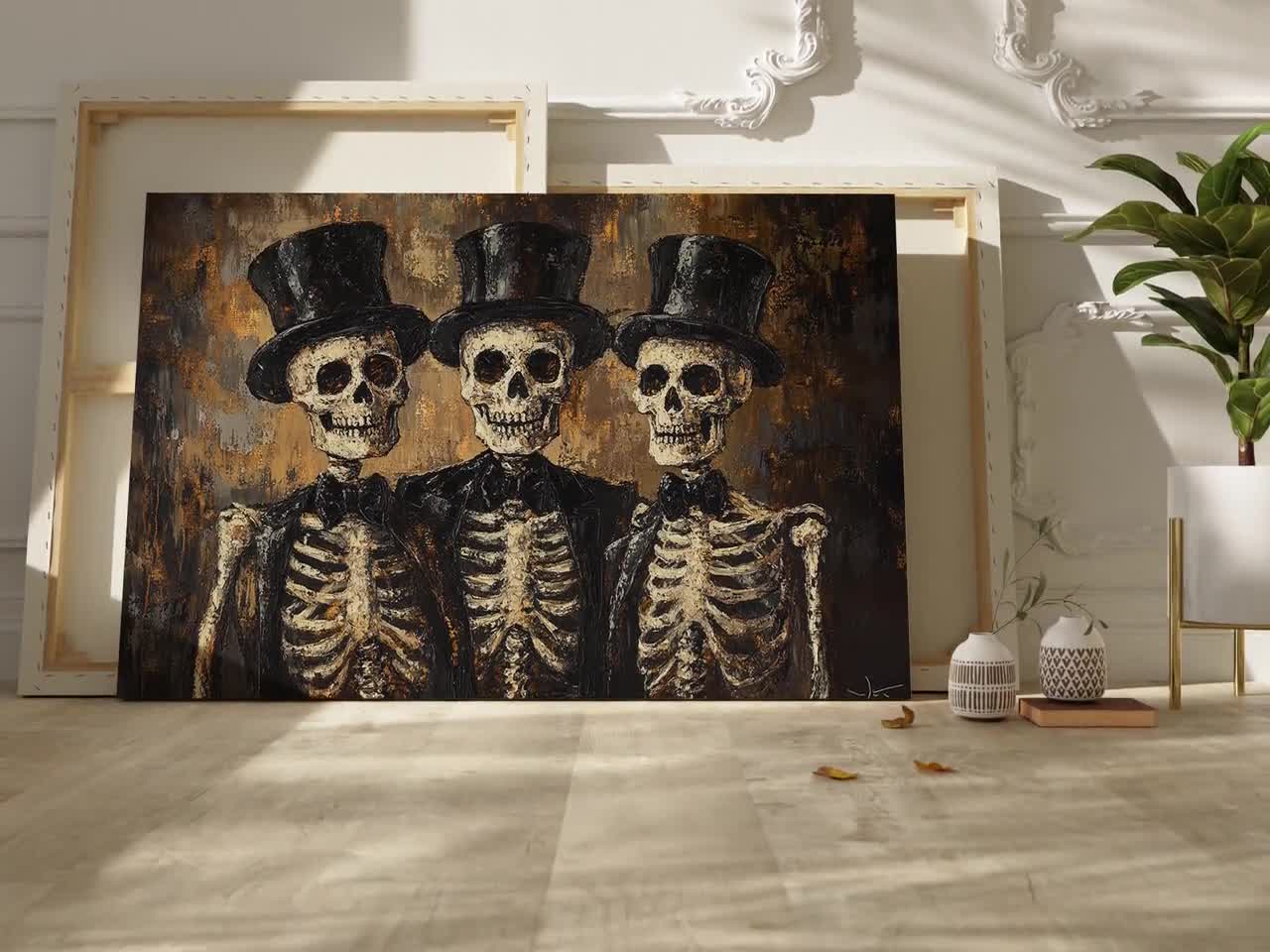 Dapper Skeleton Trio Canvas Art - Gothic Skeletons in Top Hats