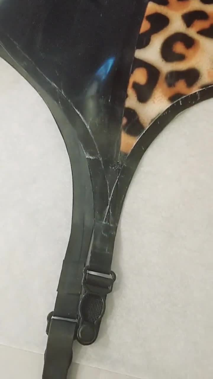 Leopard Print Latex Suspender Belt. Rubber Animal Print Garters