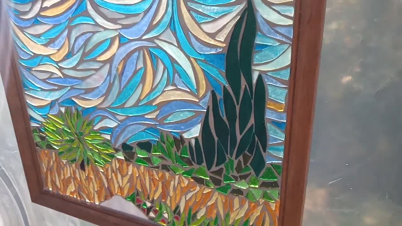 Van Gogh Field With Cypresses Stained Glass Mosaic Panel for