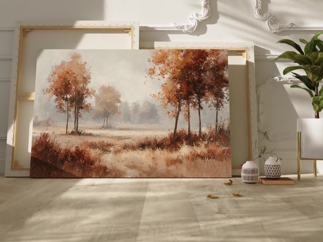 秋の風景画キャンバスウォールアート｜霧のかかった朝の黄金色の秋の