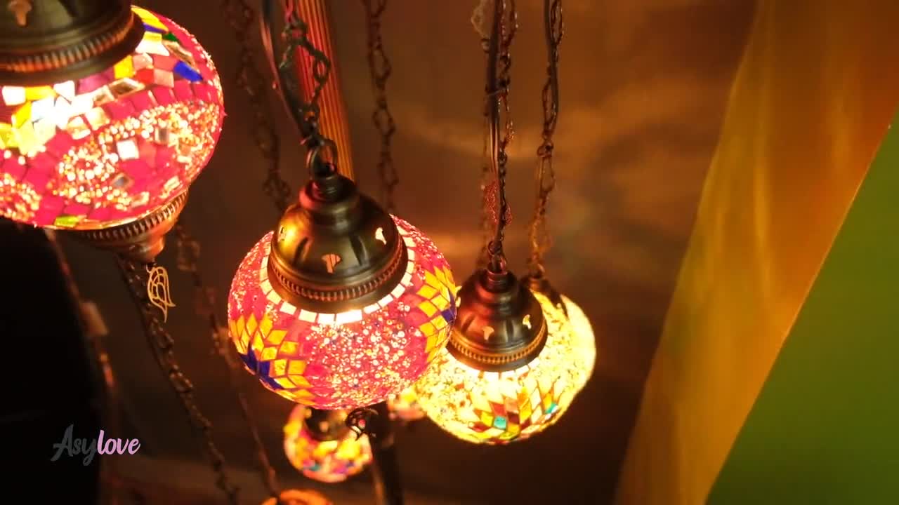 Acquista lampada turca da tavolo in mosaico con tocco viola 35 cm