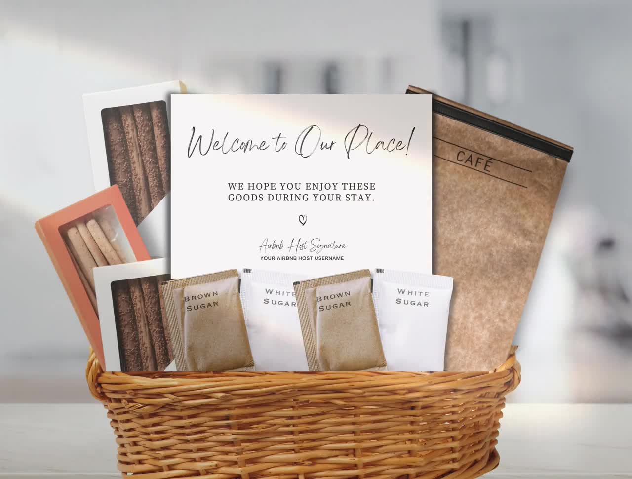 Airbnb Gift Basket Card | Airbnb Host Kitchen Food Treats Wine Welcome  Printable Sign | VRBO Superhost Review Rating Canva Editable Postcard