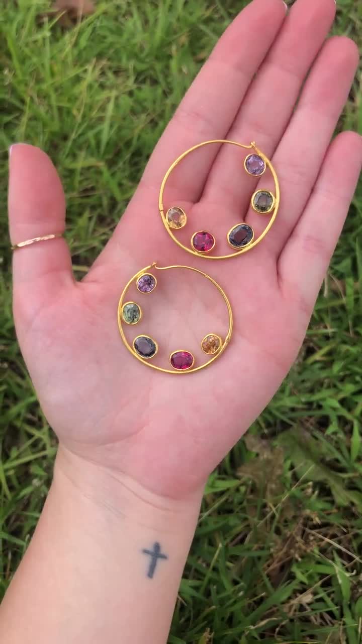 Marie Helene de Taillac Gemstone Hoop Earrings 22k Gold Round Hoops Pierced