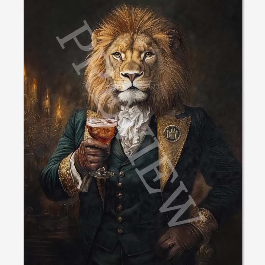 Lion Drinking Bourbon Wall Art Print: Vintage Style Portrait of