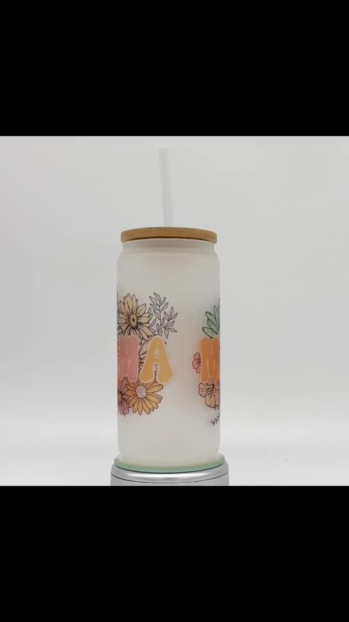 Retro Mama 18oz frosted glass cup Vintage Flower design w/ bamboo lid &  straw