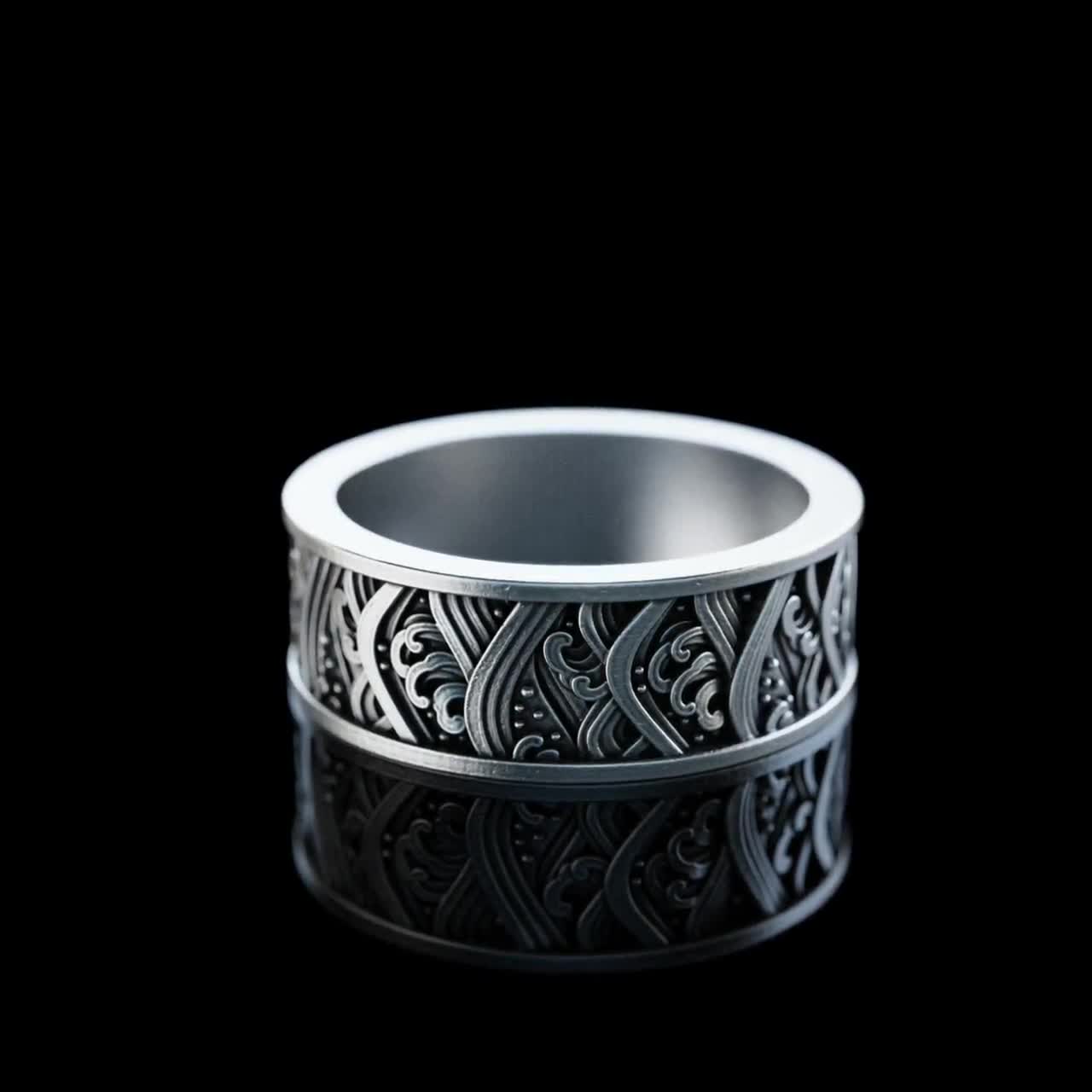 Handmade the Great Wave of Kanagawa Silver Ring, Japanese Style