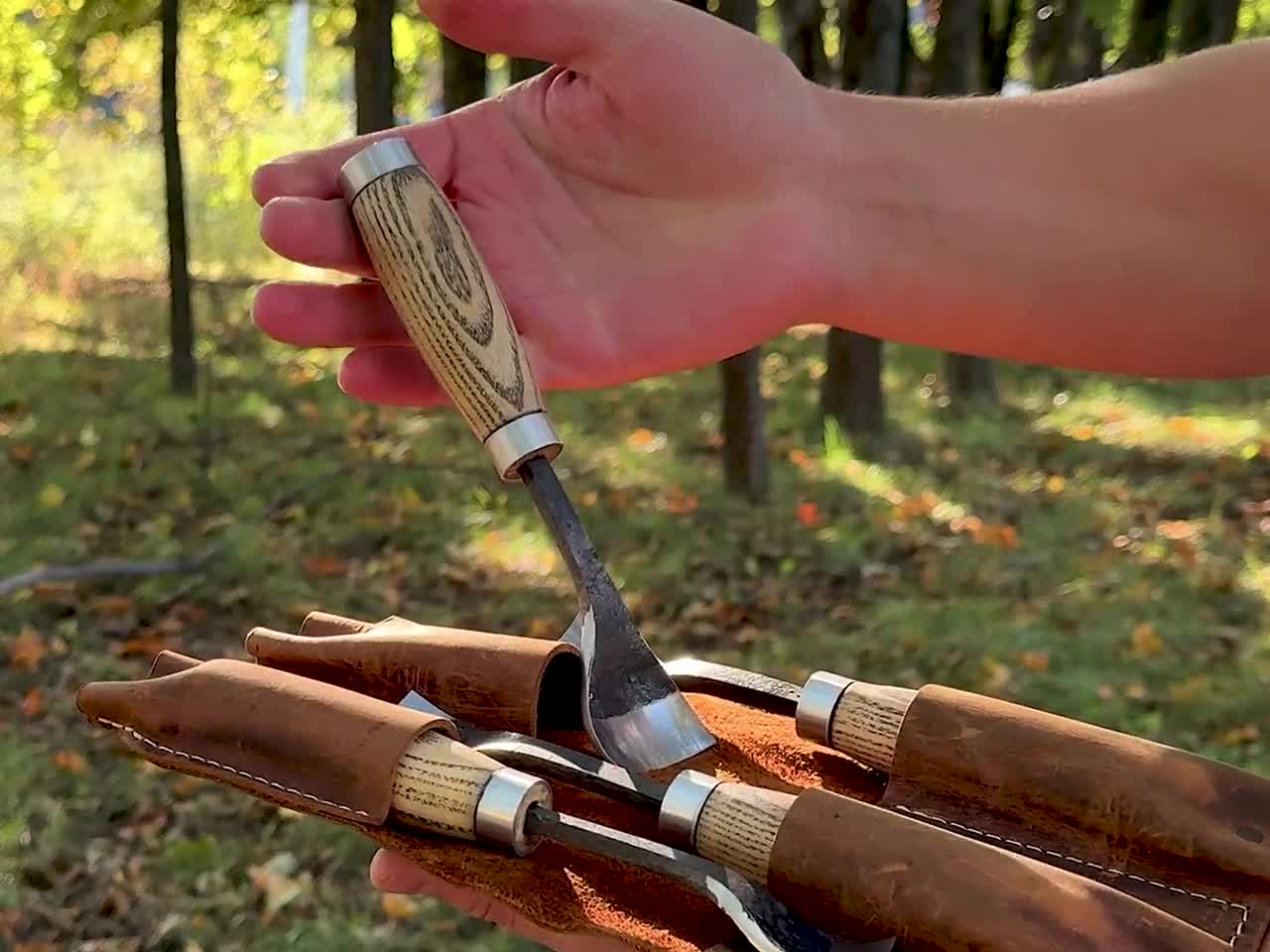 Spoon Gouges with Leather Case. Bent Gouges for Carving Spoons, Bowls, Cups. Curved Gouge. Woodworking. Hand-Forged Tool. Carbon Steel 52100 video poster