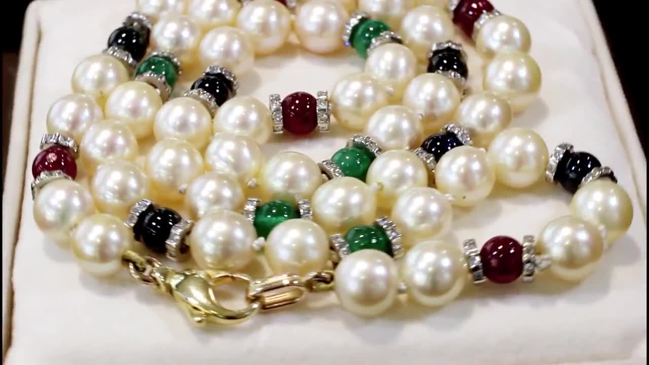 Vintage kultivierte Perle, Diamant, Saphir, Smaragd, Rubin und 14