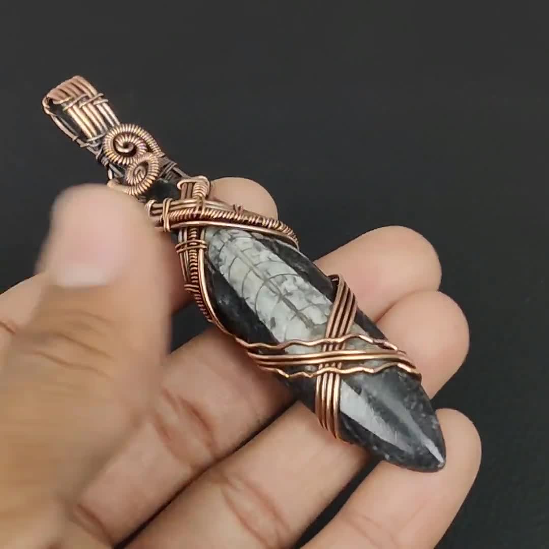 Orthoceras Fossil Gemstone Copper Pendant Copper Wire Wrapped