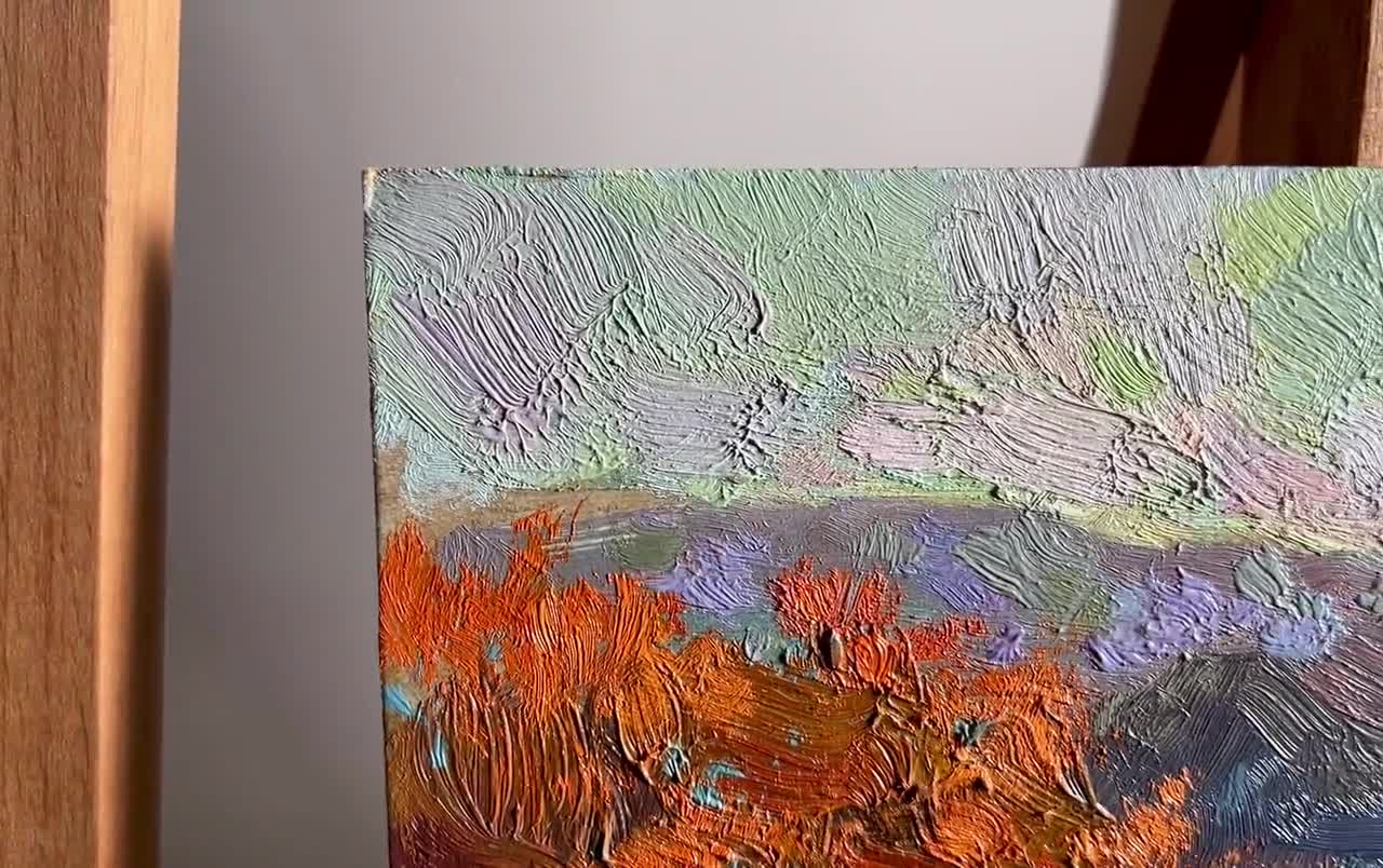 油絵風景画オリジナル、段ボールに描いた絵、川の風景、手作りアート