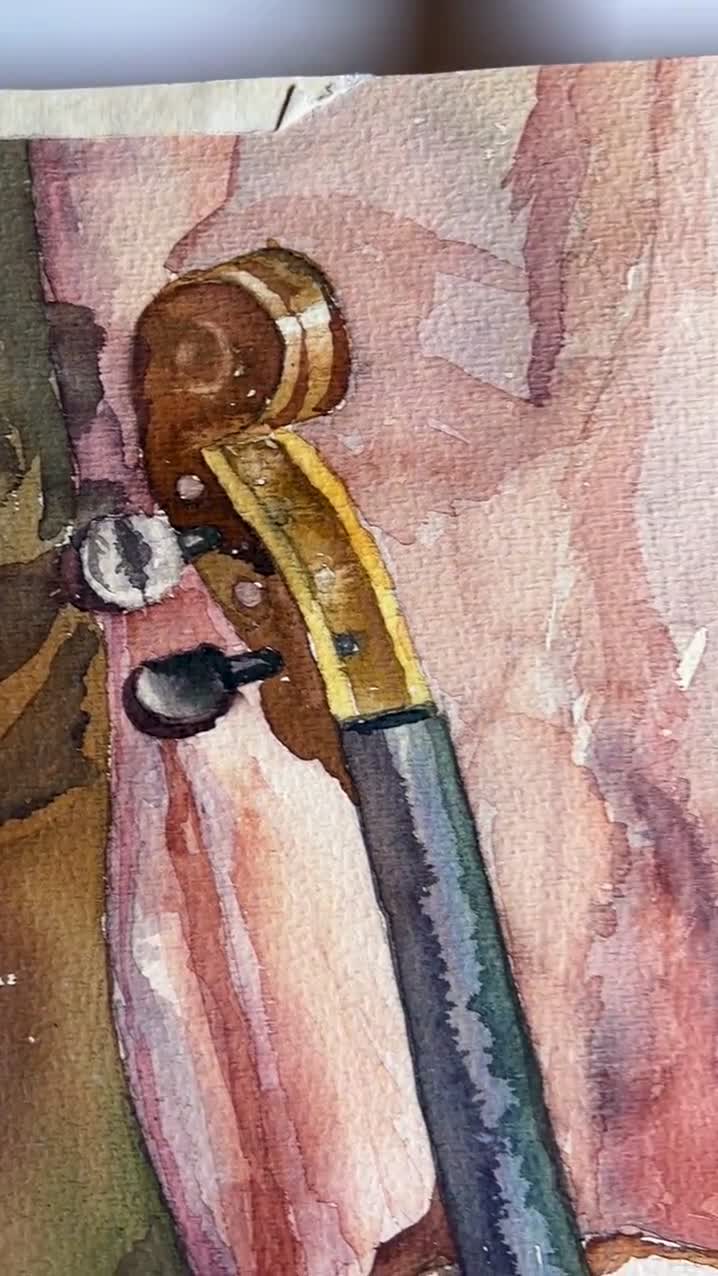 水彩画の静止画、オリジナルの水彩画、鉢植えの植物、暖色系のカーテン