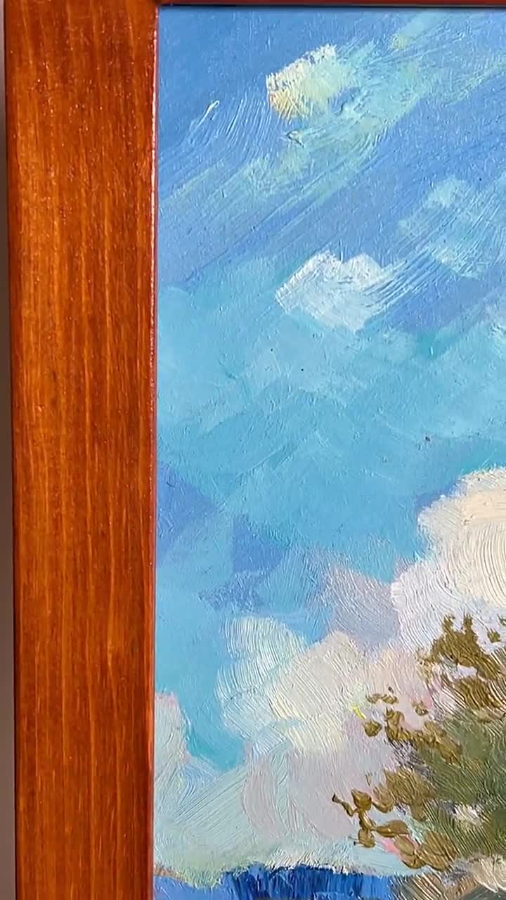 油絵風景画オリジナル、段ボールの油絵、水辺に木が立つ風景画、手作り