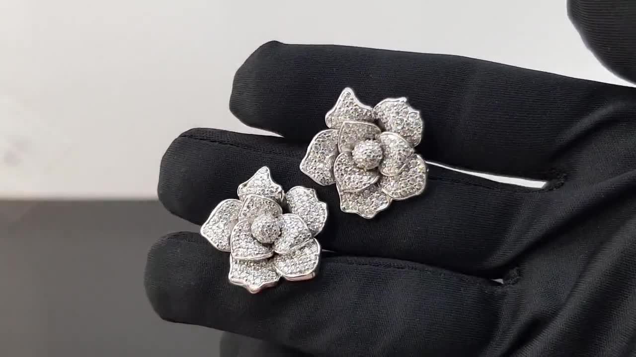 Pendientes de tuerca de plata de ley 925 con flor de rosa elegante y  brillante, Metal