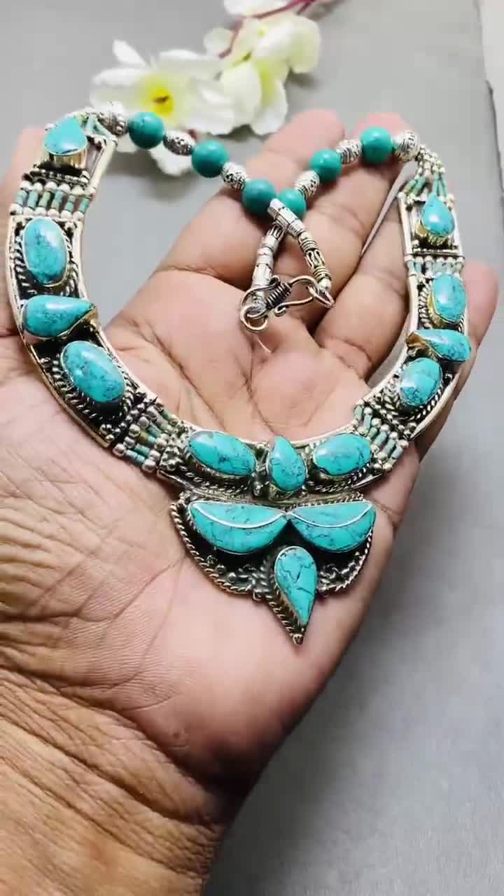 Collier turquoise bohème argent sterling 925 cadeau tibétain