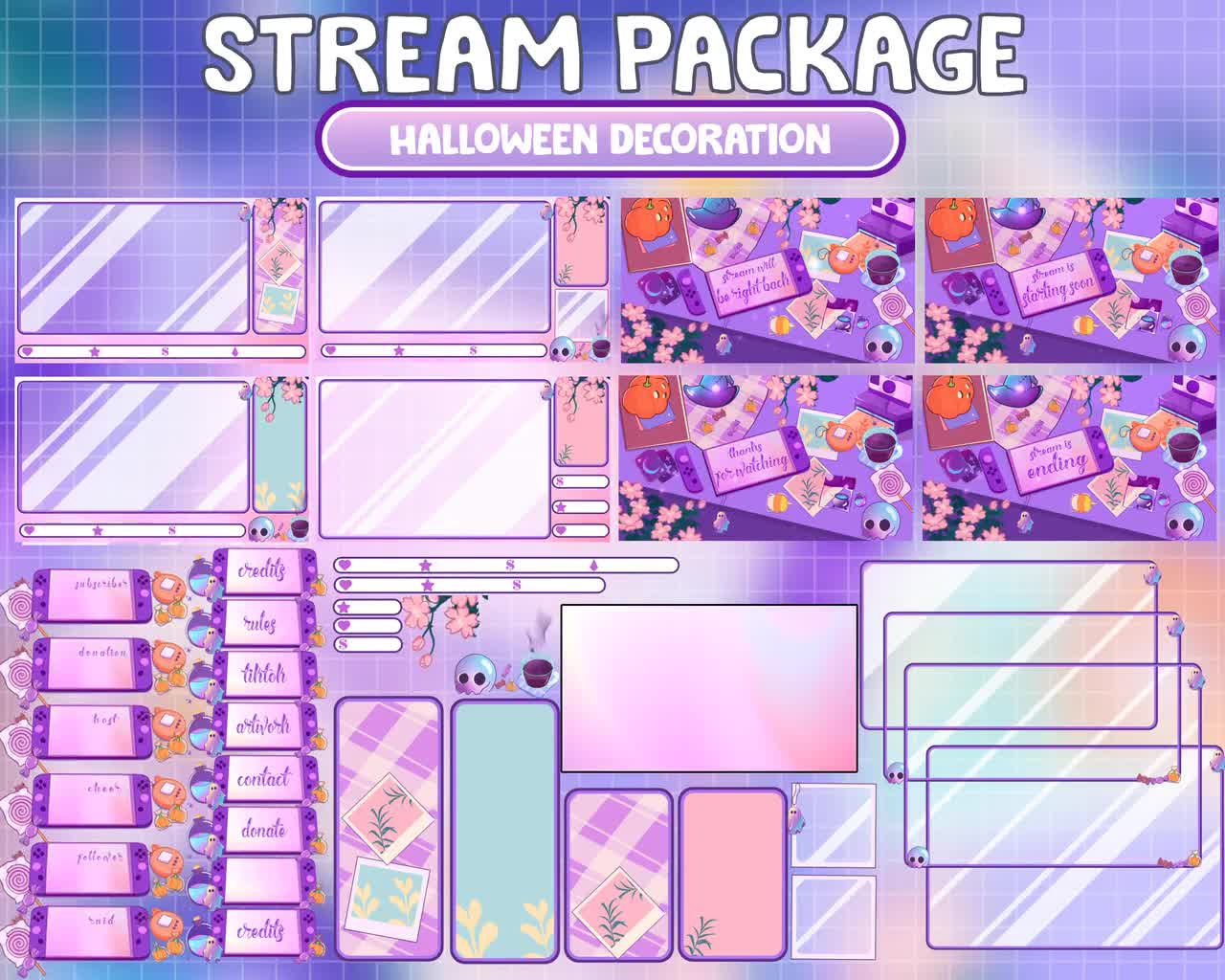 Full Animated Retro Lofi Aesthetic Twitch Stream Overlay / Witch House /  Vaporwave Purple / Halloween Decoration: Skull Pumpkin Candy Ghost 