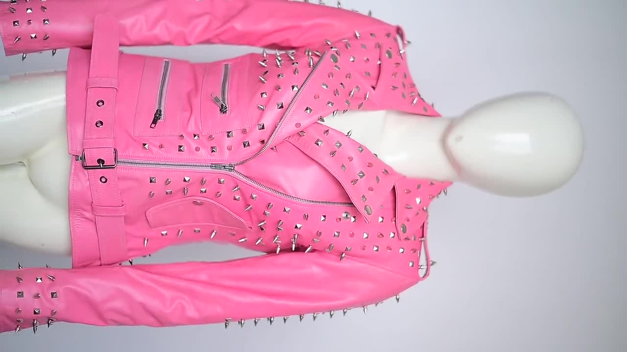 New Women's Studded Pink Cowhide Leather Jacket, Punk Jacket