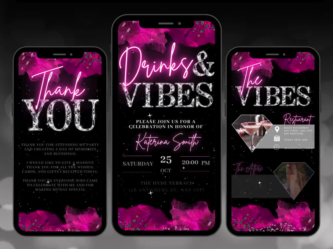 Digital Drinks And Vibes Invitation, Animated Hot Pink Ladies Night Out  Invite, Girls Birthday Dinner, Editable Itinerary & Thank You eCard