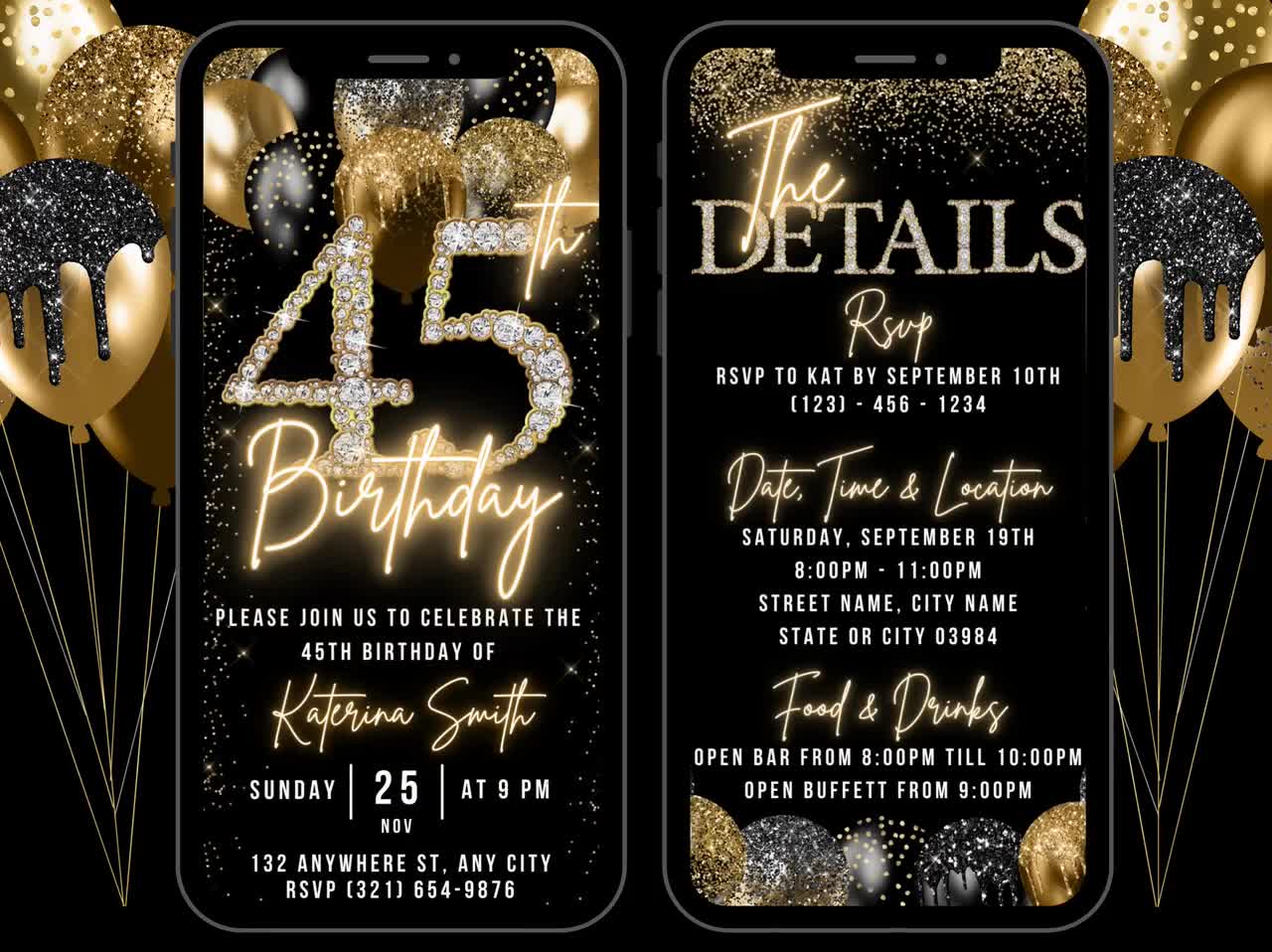 Digital 45th Birthday Invitation, Animated 45 Brunch Invite For Women,  Black Gold Dinner Party Diamond Invite, Self Editable Itinerary eCard, image size:1280x958