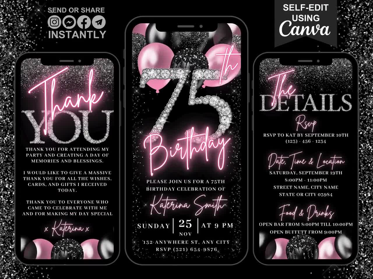 Digital 75th Birthday Invitation, Blush Pink Girls 75 Diamond