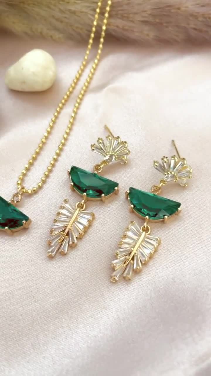 Art Deco Necklace Green Crystal Emerald Earring Set Leaf Boho Bridal  Wedding Guest Jewelry - Yahoo Shopping