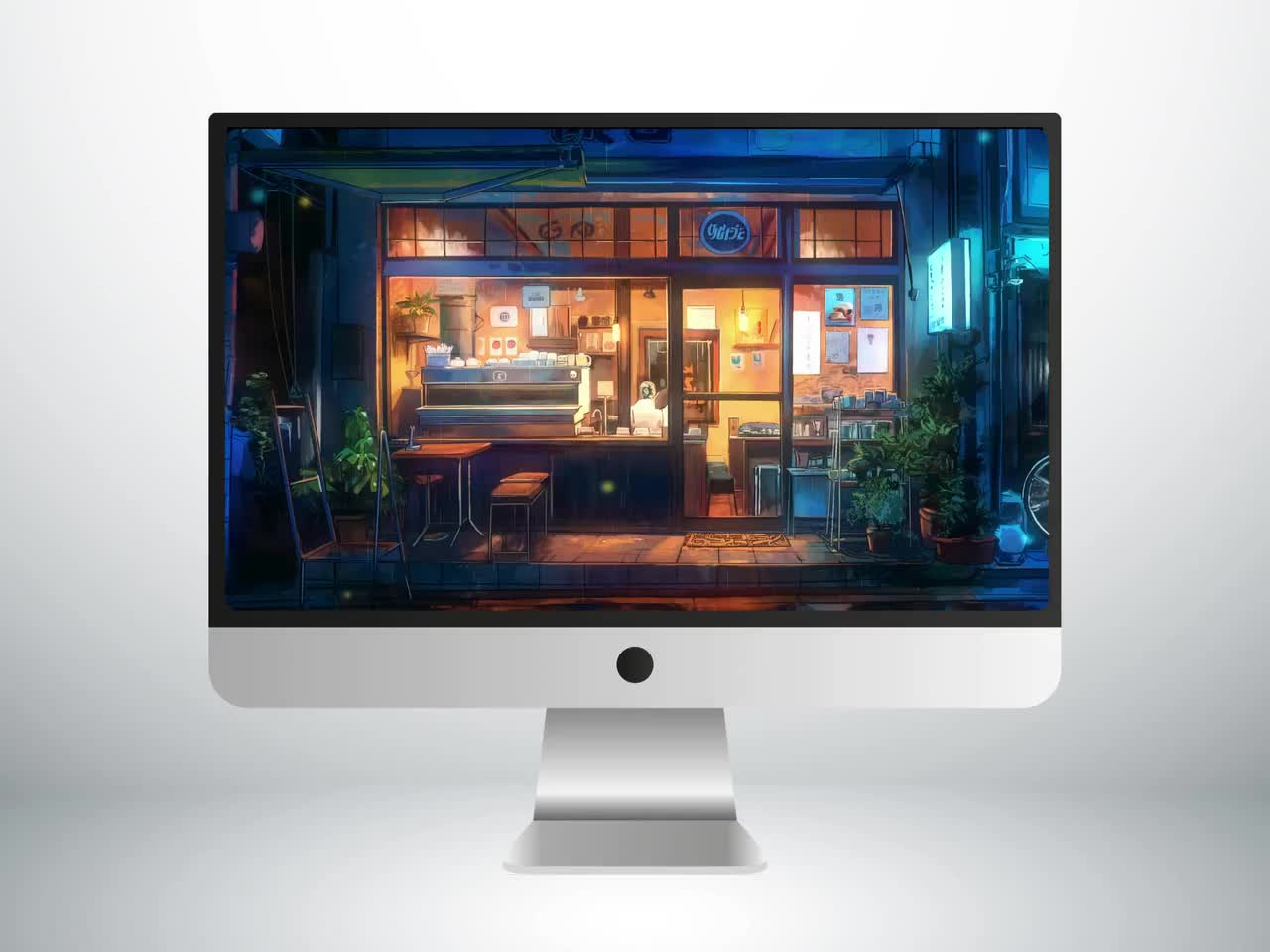 Animated background Ghibli Japanese Anime Cafe Night Aesthetic Twitch  overlay Desktop Wallpaper Stream Seamless Looped Virtual Background, image size:1280x960