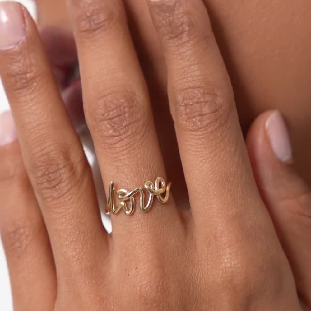 Script Love Solo Inset Diamond 10K Solid Gold Ring Wedding Ring Handmade Stacking Delicate Unique Love Ring hot Minimalist Dainty Ring