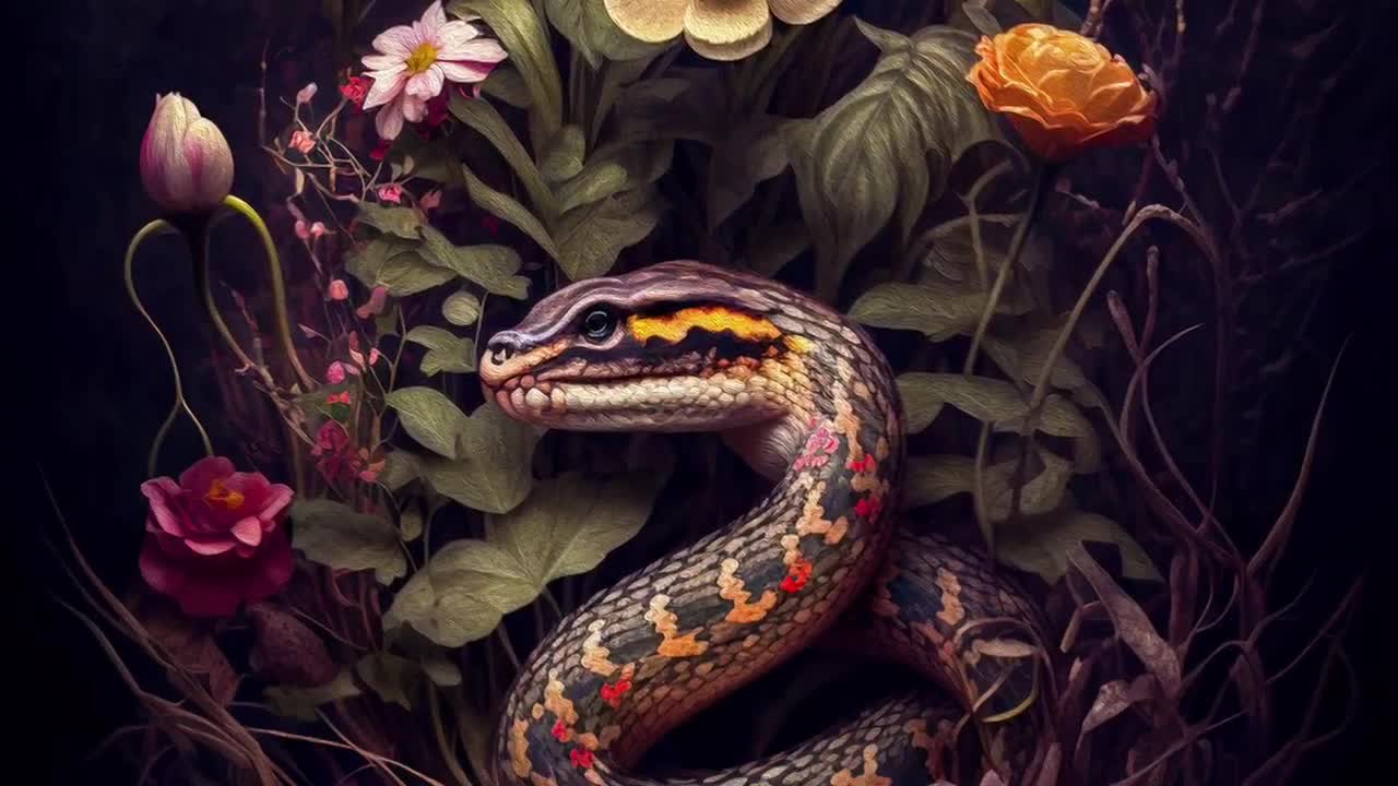 Snake in Dark Floral Antique Painting Moody Serpentine Vintage Oil