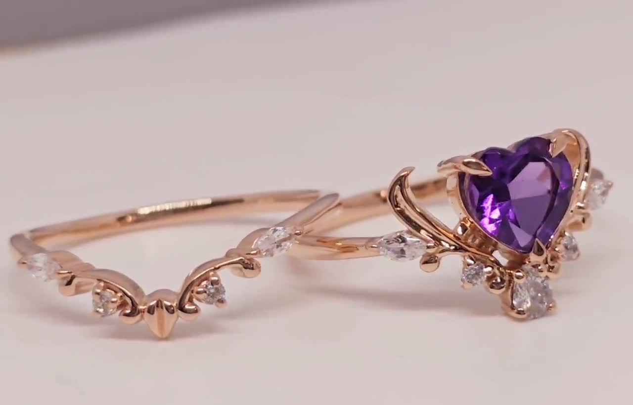 Unique Round Cut Alexandrite Engagement Ring Set Art Deco Rose
