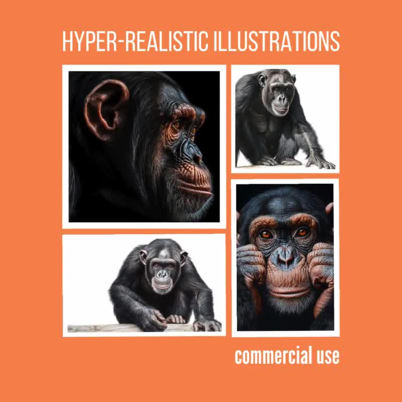 チンパンジーのイラスト：超リアルな動物のJPEG画像40枚（商用利用可
