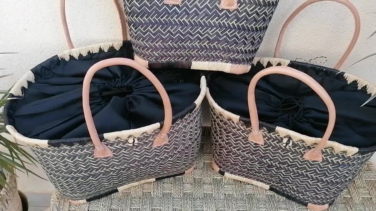 MADAGASCAR NATURAL Shopping Basket - Black Fabric Pochon Tote Bag -  Hand-woven - 3 sizes - straw wicker beach