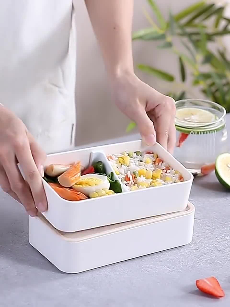 Evjurcn Bento Adults Kids Lunch Box, Iteryn Stackable Bento Box, 3-in-1 Compartment - Wheat Straw, Leakproof Eco-Friendly Bento Lunch Box Meal Prep