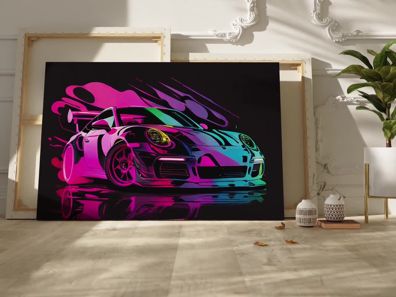 ポルシェ 911 GT3 RS キャンバスアート：抽象的なネオンスポーツカー
