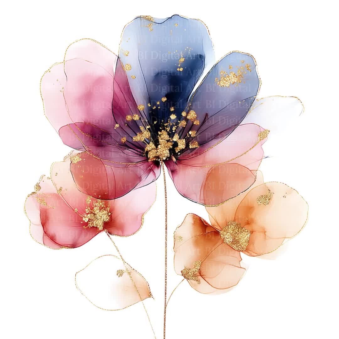 抽象的な水彩画風の花のクリップアート、青、ピンク、金色（デジタル