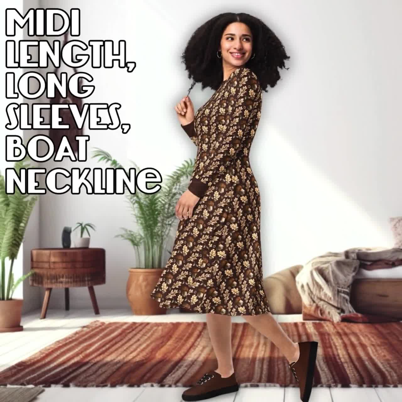 Brown Acorn Long Sleeve Midi Dress, Boho Cottagecore Long Sleeve Pockets, Fall Skirt, Forestcore Woodland Lover, Gift for Her, Fairycore