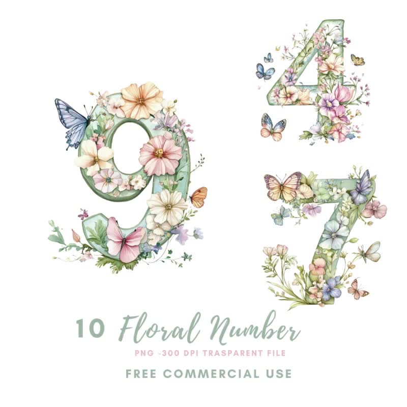 花の絵です 花の数字1～9のクリップアートバンドル10高品質PNG |水彩数字花蝶